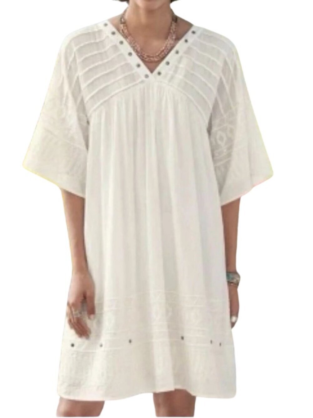 Sundance Embroidered Studded V-Neck Mini Dress Women's Small White Boho Flowy
